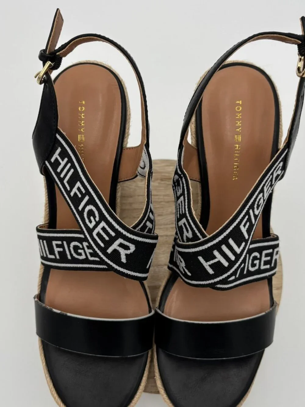 Tommy Hilfiger Black Logo Strap Espadrille Wedge Platform Sandals Shoes 9M